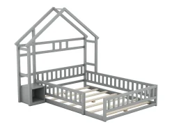 Cama de cabine infantil 140x190cm em pinho com compartimento de arrumação, estrado de ripas incluído, cinzento, sem colchão