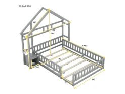 Cama de cabine infantil 140x190cm em pinho com compartimento de arrumação, estrado de ripas incluído, cinzento, sem colchão