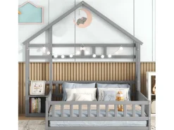 Cama de cabine infantil 140x190cm em pinho com compartimento de arrumação, estrado de ripas incluído, cinzento, sem colchão
