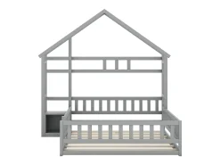 Cama de cabine infantil 140x190cm em pinho com compartimento de arrumação, estrado de ripas incluído, cinzento, sem colchão