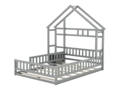 Cama de cabine infantil 140x190cm em pinho com compartimento de arrumação, estrado de ripas incluído, cinzento, sem colchão