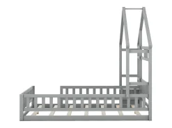 Cama de cabine infantil 140x190cm em pinho com compartimento de arrumação, estrado de ripas incluído, cinzento, sem colchão