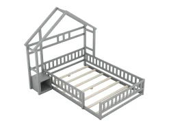 Cama de cabine infantil 140x190cm em pinho com compartimento de arrumação, estrado de ripas incluído, cinzento, sem colchão