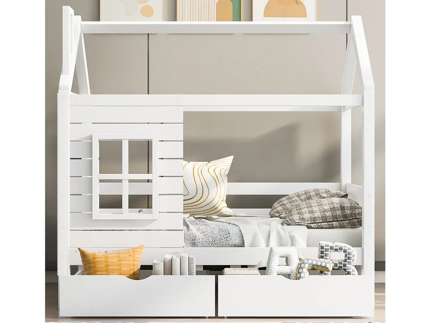 Cama de cabine 80x160 cm com 2 gavetas - em forma de casa - madeira maciça - Branco