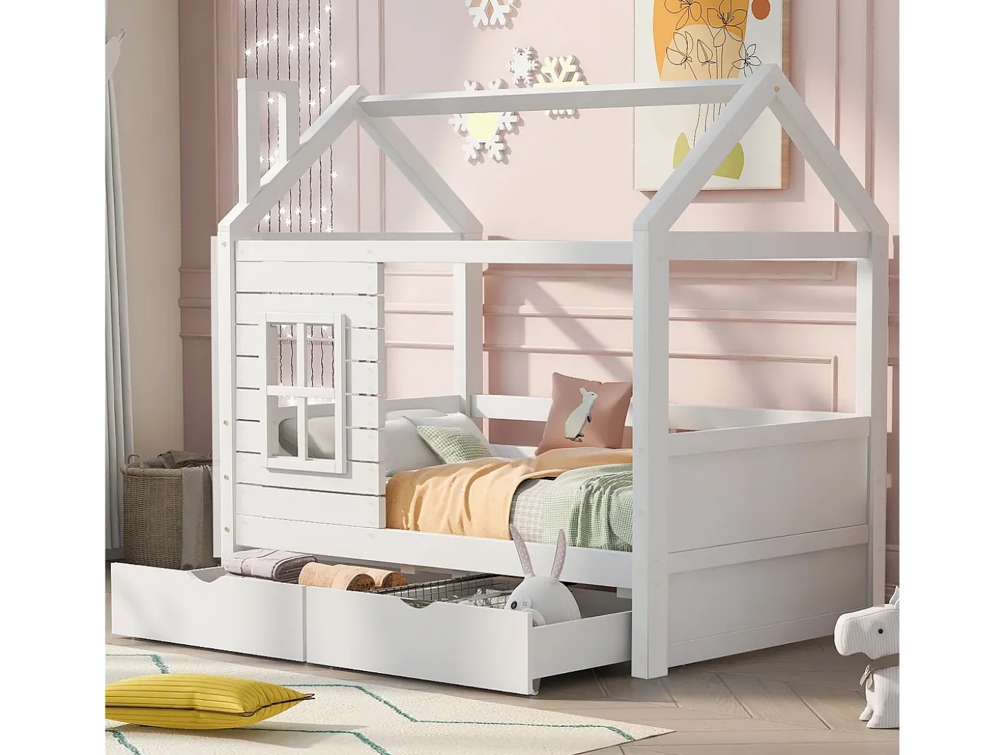 Cama de cabine 80x160 cm com 2 gavetas - em forma de casa - madeira maciça - Branco