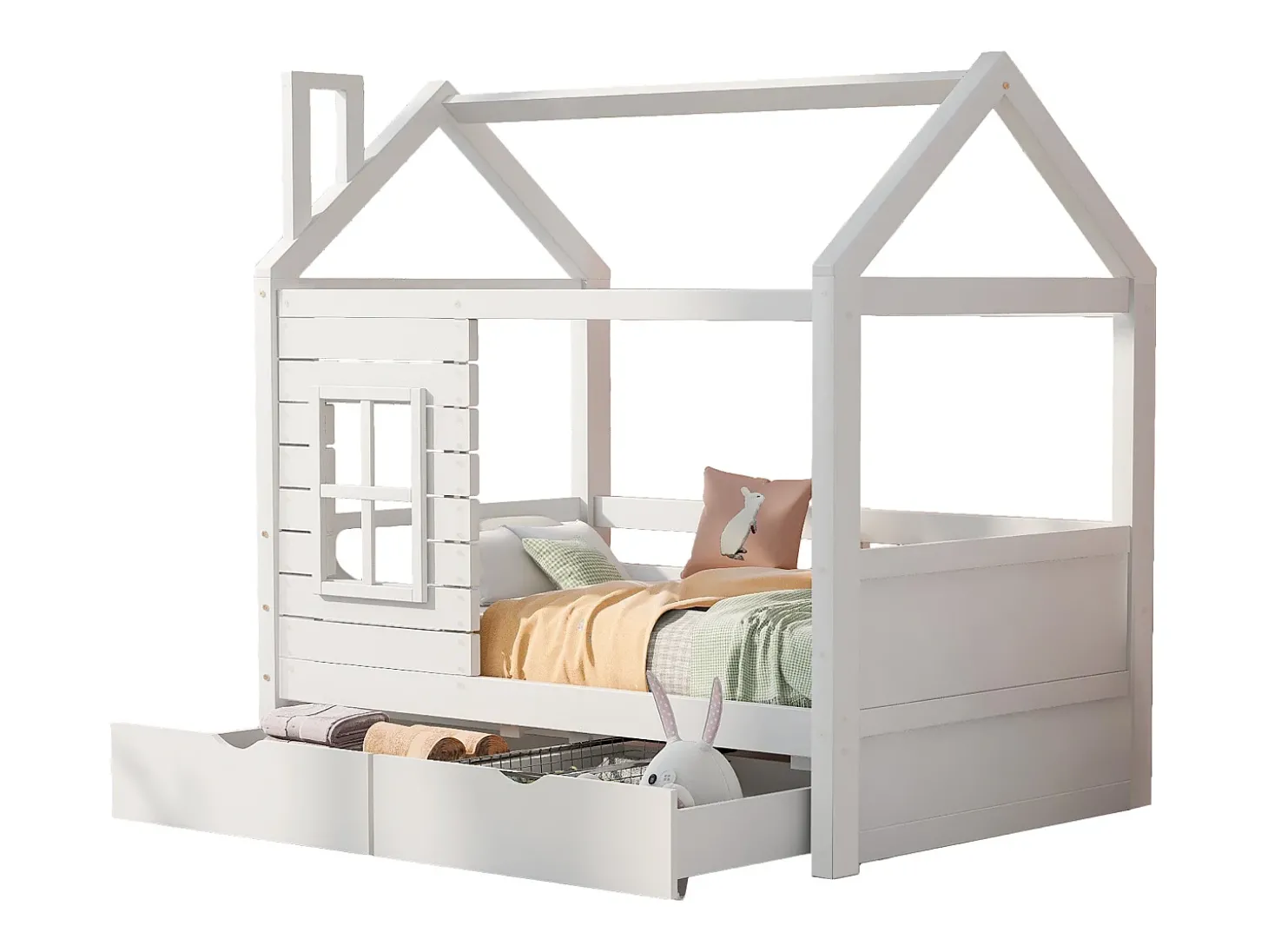 Cama de cabine 80x160 cm com 2 gavetas - em forma de casa - madeira maciça - Branco