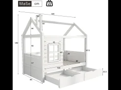 Cama de cabine 80x160 cm com 2 gavetas - em forma de casa - madeira maciça - Branco