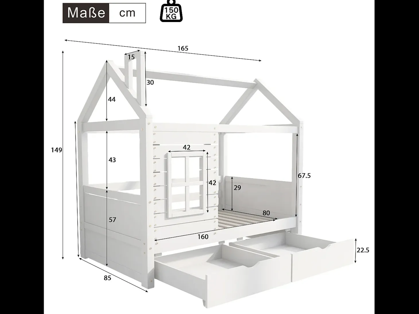 Cama de cabine 80x160 cm com 2 gavetas - em forma de casa - madeira maciça - Branco