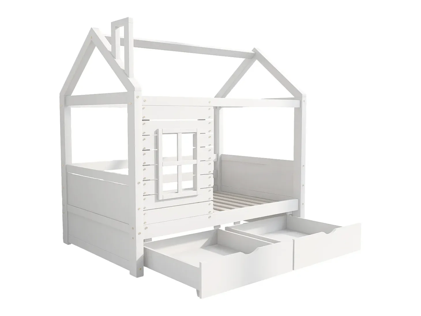 Cama de cabine 80x160 cm com 2 gavetas - em forma de casa - madeira maciça - Branco