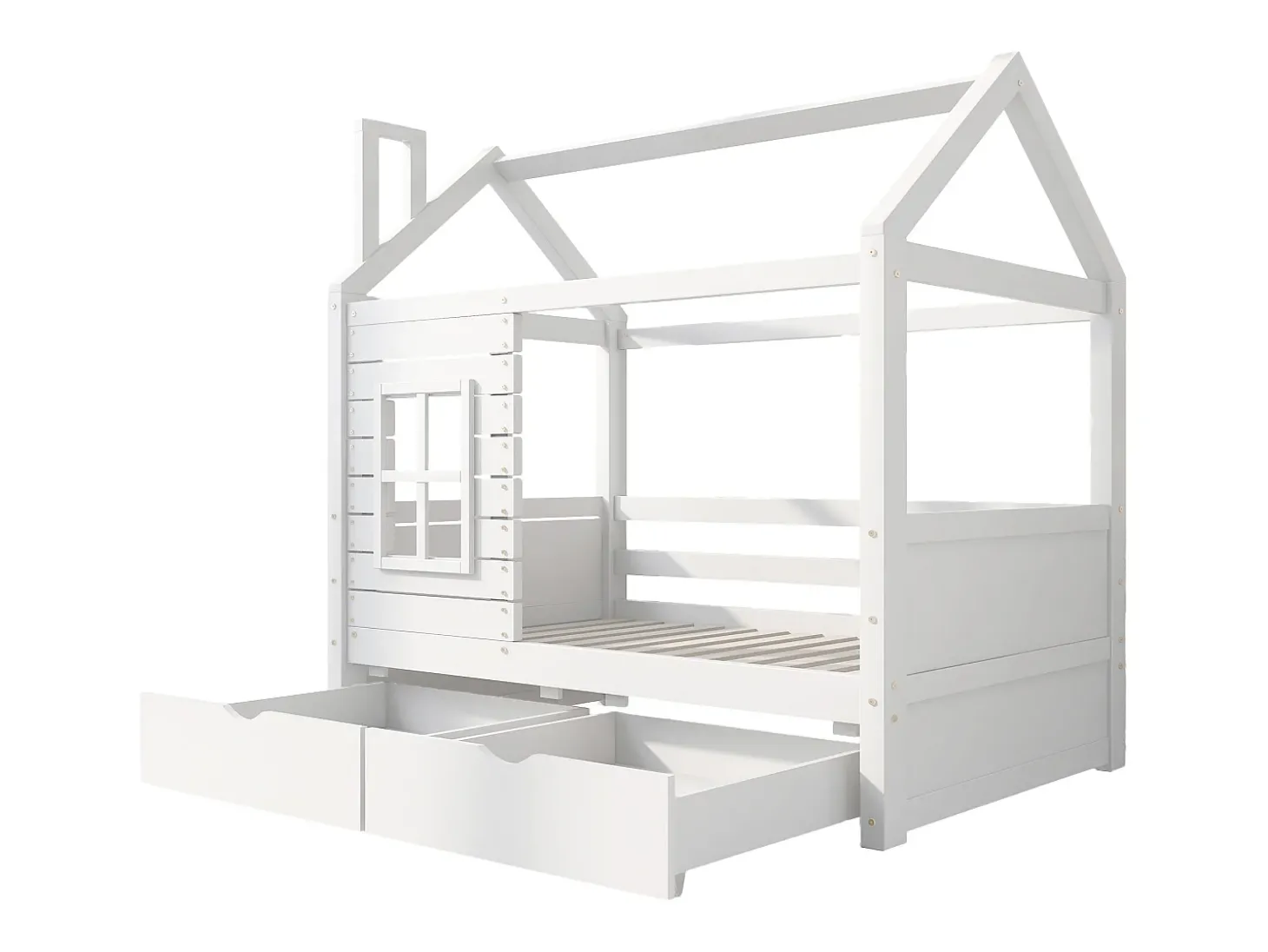 Cama de cabine 80x160 cm com 2 gavetas - em forma de casa - madeira maciça - Branco