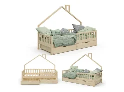 Cama de casa madeira natural 208x93x155 noemi
