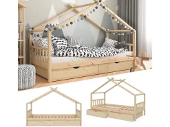 Cama de casa madeira natural 208x97x148 design