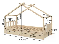 Cama de casa madeira natural 208x97x148 design