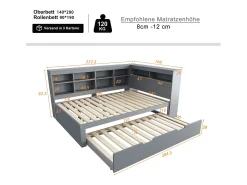 Cama de casal 140 x 200 cm - Cama auxiliar com porta USB e amplo espaço de arrumação - pinho cinzento - colchão não incluído