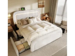 Cama de casal acolchoada Sherpa com 4 gavetas - 140x200cm - com LED e portas de carregamento - Branco
