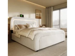 Cama de casal acolchoada Sherpa com 4 gavetas - 140x200cm - com LED e portas de carregamento - Branco
