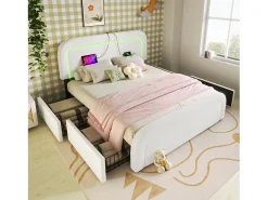 Cama de casal acolchoada Sherpa com 4 gavetas - 140x200cm - com LED e portas de carregamento - Branco