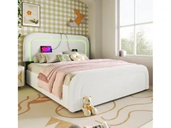 Cama de casal acolchoada Sherpa com 4 gavetas - 140x200cm - com LED e portas de carregamento - Branco