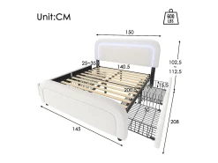 Cama de casal acolchoada Sherpa com 4 gavetas - 140x200cm - com LED e portas de carregamento - Branco