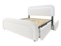 Cama de casal acolchoada Sherpa com 4 gavetas - 140x200cm - com LED e portas de carregamento - Branco