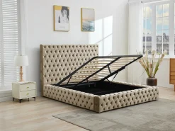 Cama de casal Chesterfield com arrumação em veludo taupe - DULENI