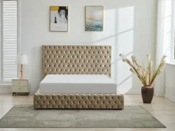 Cama de casal Chesterfield com arrumação em veludo taupe - DULENI