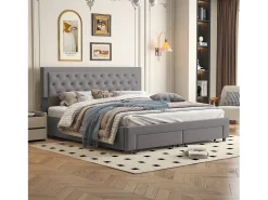 Cama de casal 160*200cm, cama hidráulica, cama estofada com espaço de armazenamento, cinza, veludo