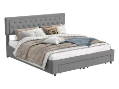 Cama de casal 160*200cm, cama hidráulica, cama estofada com espaço de armazenamento, cinza, veludo