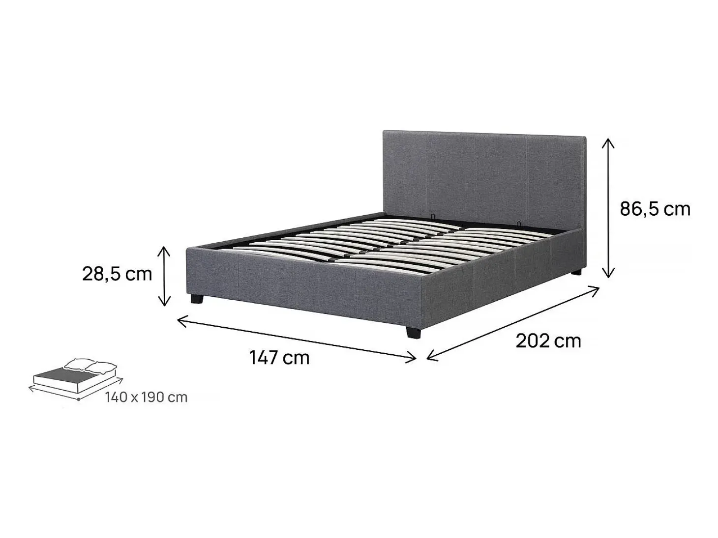 Cama de casal com armazenamento "Carla" - 140 x 190 - Cinza, estrado de ripas e cabeceira incluídos