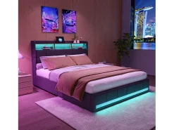 Cama de casal com LED RGB, cabeceira com arrumação e portas USB/Tipo C, 4 gavetas de arrumação, Tecido linho cinzento – 160x200 cm