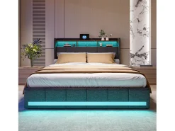 Cama de casal com LED RGB, cabeceira com arrumação e portas USB/Tipo C, 4 gavetas de arrumação, Tecido linho cinzento – 160x200 cm