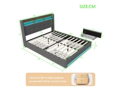 Cama de casal com LED RGB, cabeceira com arrumação e portas USB/Tipo C, 4 gavetas de arrumação, Tecido linho cinzento – 160x200 cm