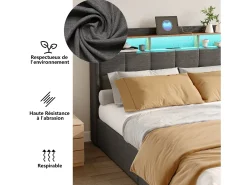Cama de casal com LED RGB, cabeceira com arrumação e portas USB/Tipo C, 4 gavetas de arrumação, Tecido linho cinzento – 160x200 cm