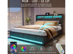 Cama de casal com LED RGB, cabeceira com arrumação e portas USB/Tipo C, 4 gavetas de arrumação, Tecido linho cinzento – 160x200 cm