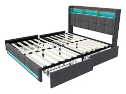 Cama de casal com LED RGB, cabeceira com arrumação e portas USB/Tipo C, 4 gavetas de arrumação, Tecido linho cinzento – 160x200 cm