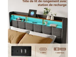 Cama de casal com LED RGB, cabeceira com arrumação e portas USB/Tipo C, 4 gavetas de arrumação, Tecido linho cinzento – 160x200 cm
