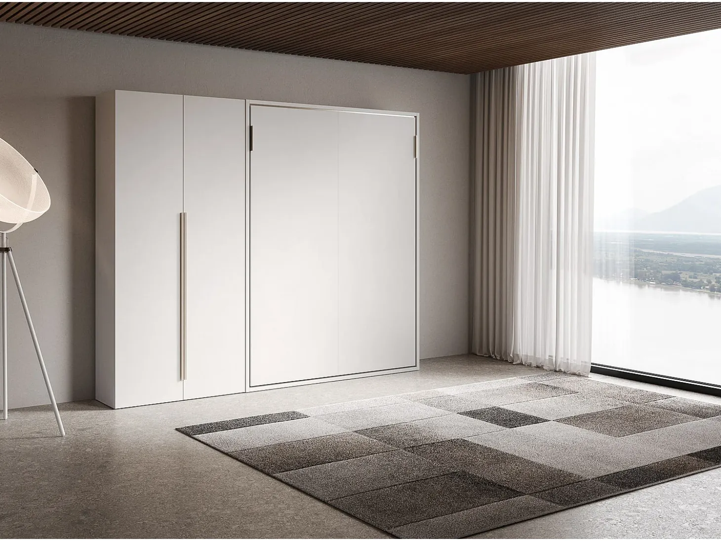 Cama de casal dobrável vertical Versia 160 com guarda-roupa esquerdo branco de 2 portas