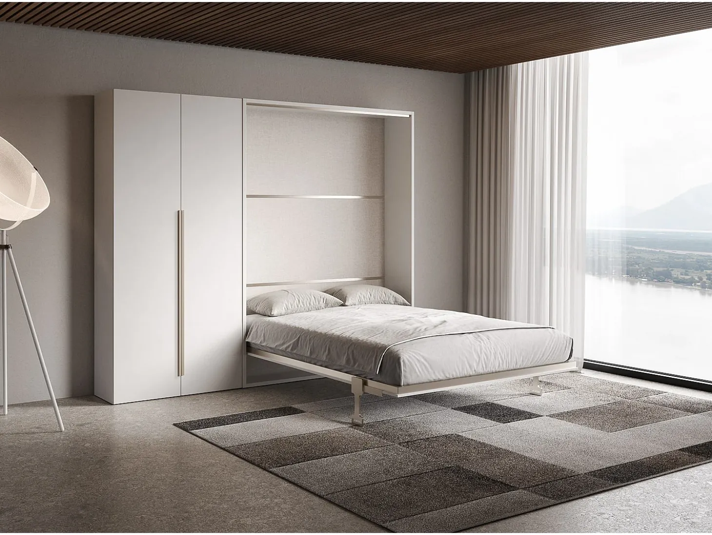 Cama de casal dobrável vertical Versia 160 com guarda-roupa esquerdo branco de 2 portas