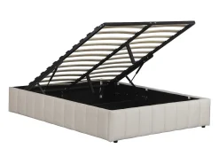 Cama de casal em veludo bege "Meribel" 140x190 cm com baú de arrumação e 24 ripas robustas