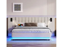 Cama de casal estofada 180×200 cm - com fita LED - cabeceira com spots - com porta USB - linho - bege (sem colchão)