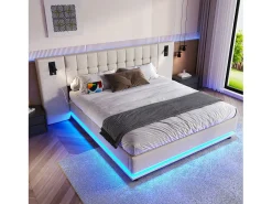 Cama de casal estofada 180×200 cm - com fita LED - cabeceira com spots - com porta USB - linho - bege (sem colchão)