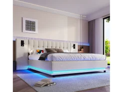 Cama de casal estofada 180×200 cm - com fita LED - cabeceira com spots - com porta USB - linho - bege (sem colchão)