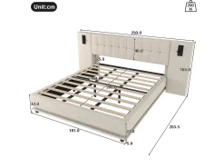 Cama de casal estofada 180×200 cm - com fita LED - cabeceira com spots - com porta USB - linho - bege (sem colchão)