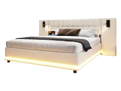 Cama de casal estofada 180×200 cm - com fita LED - cabeceira com spots - com porta USB - linho - bege (sem colchão)