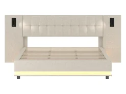 Cama de casal estofada 180×200 cm - com fita LED - cabeceira com spots - com porta USB - linho - bege (sem colchão)