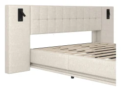 Cama de casal estofada 180×200 cm - com fita LED - cabeceira com spots - com porta USB - linho - bege (sem colchão)