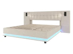 Cama de casal estofada 180×200 cm - com fita LED - cabeceira com spots - com porta USB - linho - bege (sem colchão)