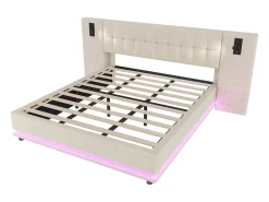 Cama de casal estofada 180×200 cm - com fita LED - cabeceira com spots - com porta USB - linho - bege (sem colchão)