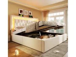 Cama de casal estofada com arrumação - 180 x 200 cm - cabeceira com LEDs + portas USB e Tipo-C - arrumação hidráulica - veludo - bege