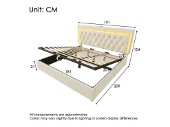 Cama de casal estofada com arrumação - 180 x 200 cm - cabeceira com LEDs + portas USB e Tipo-C - arrumação hidráulica - veludo - bege